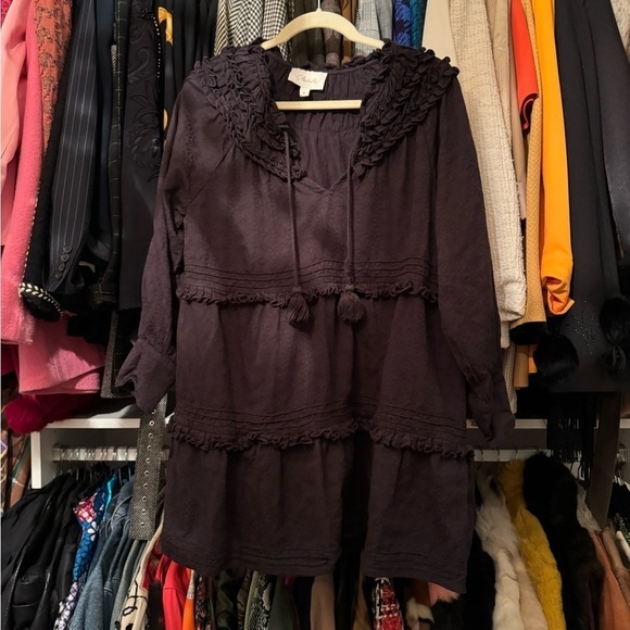 Cleobella- Black Longsleeve Ruffle VNeckline Tassel Tie Mini Dress - Picture 4 of 7
